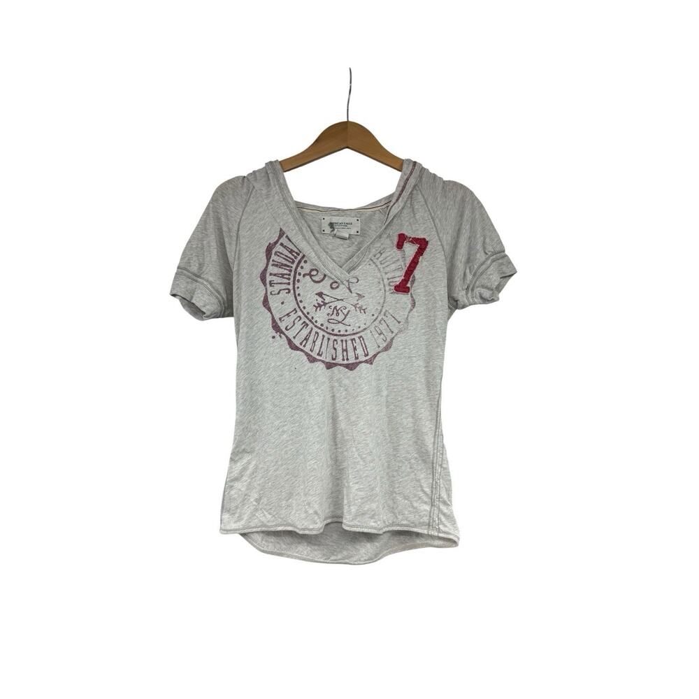 Vintage-Style Grey Graphic V-Neck Tee with Red Accent